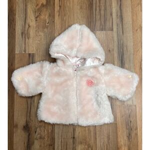 Baby Togs‎ Pink Faux Fur Hooded Jacket w/ Floral Accents Size 3-6M
